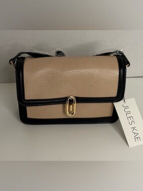 Jules Kae Mia Beige Black Crossbody Gold Clasp Textured Flap NWT